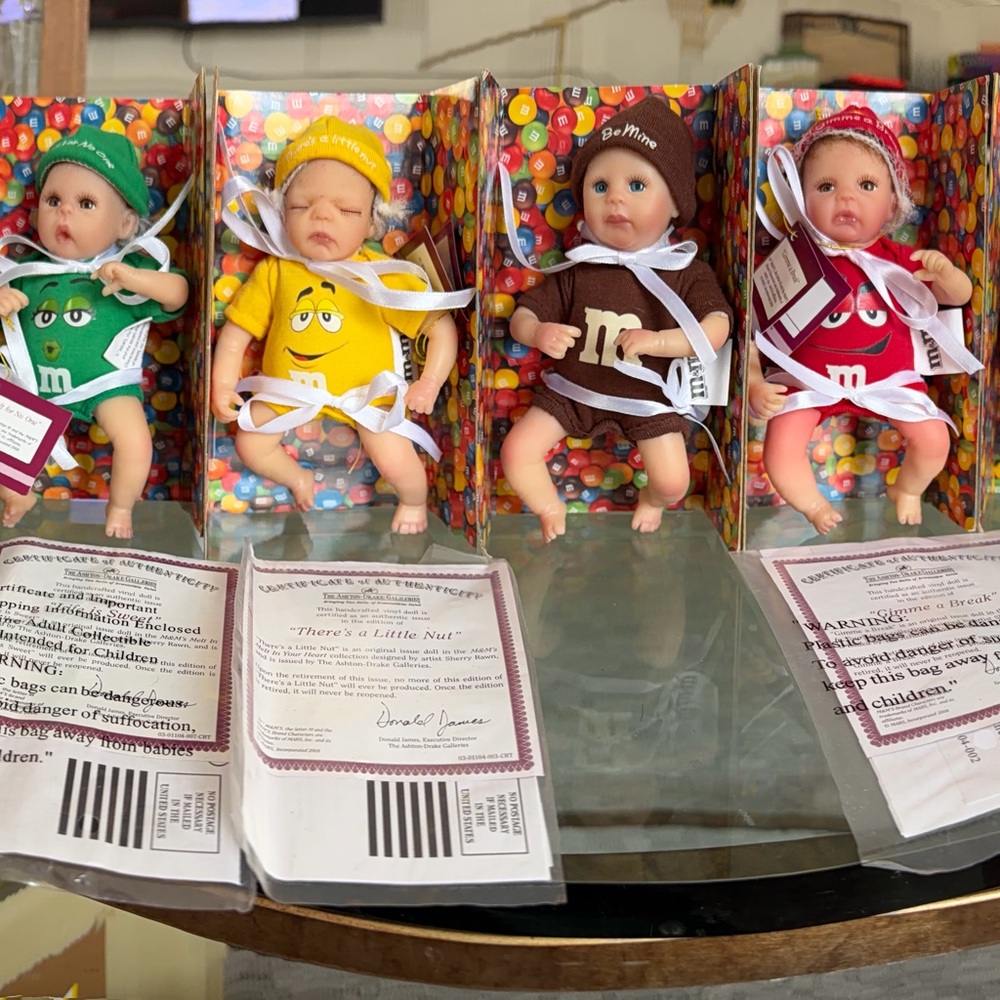 M&M'S Themed Baby Dolls in Green, Yellow, Brown, and Red Outfits